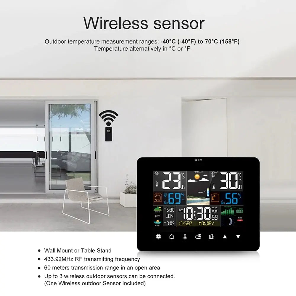 Multifunction Weather Station Alarm Clock Thermometer Hygrometer Touch Screen Wireless Sensor Sunrise Sunset Hygrothermograph Peaceful Pleasures Health and Wellness