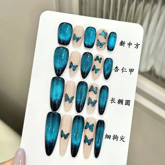 Blue Cat Eye Press On Nails – Butterfly Almond Tips 10pc Press On Nails Peaceful Pleasures Health and Wellness