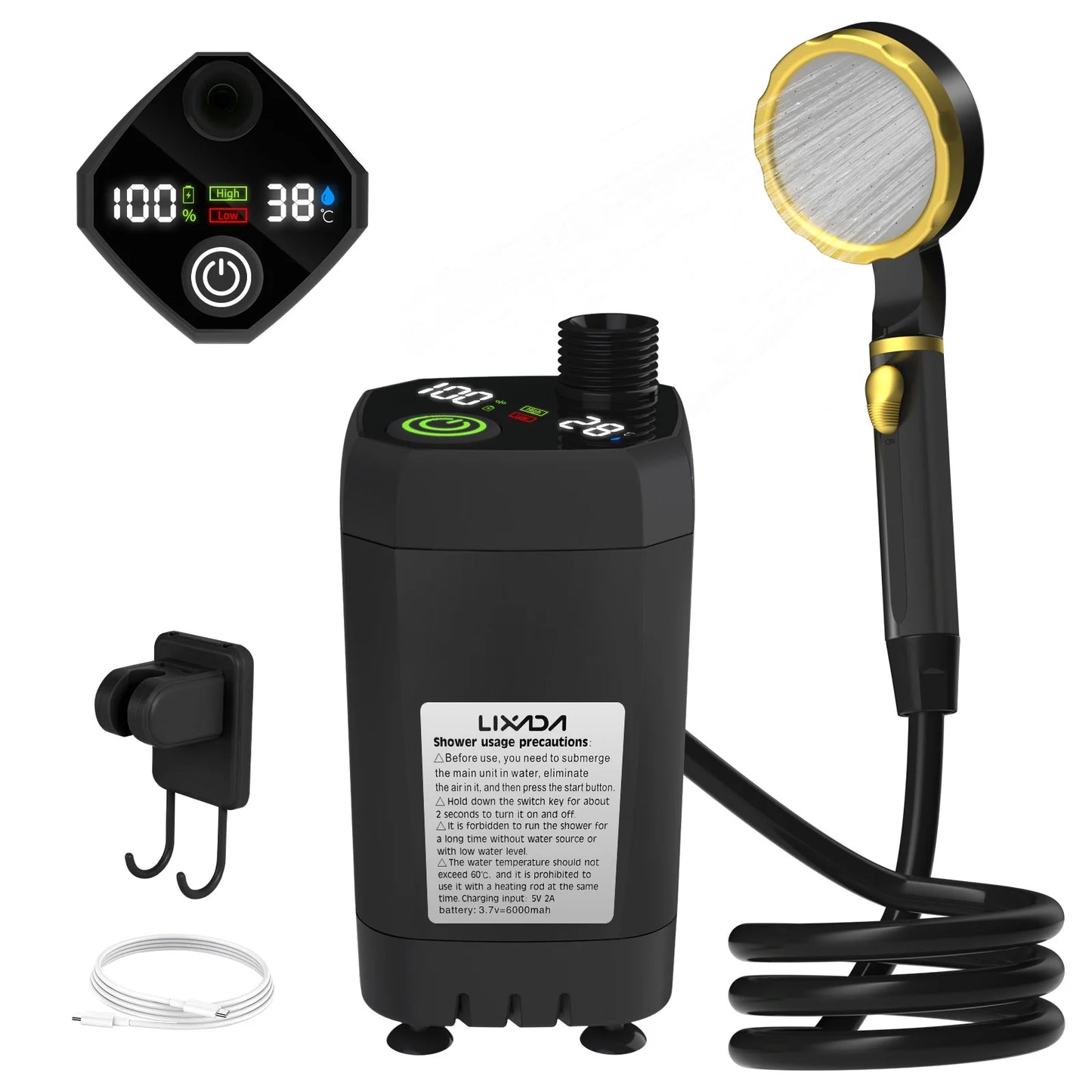 Adjustable 6000mAh Shower Camping Pump RV Outdoor Camp W Full Screen