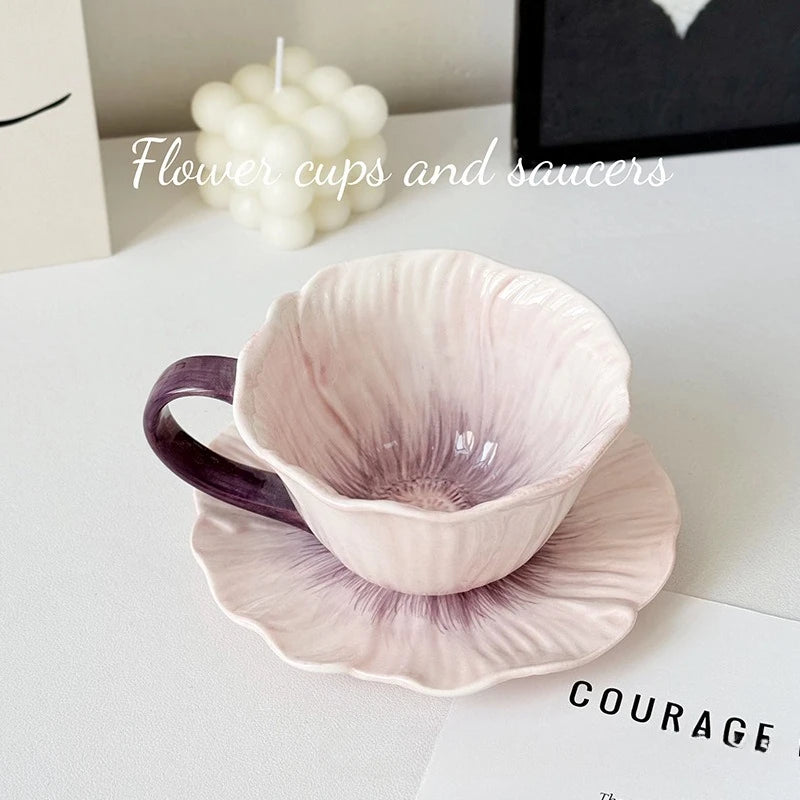 Creative Hand Painted Underglaze Flower Ceramic Coffee Cup and Plate French Retro Petal Afternoon Tea with Cup and Plate Gifts Peaceful Pleasures Health and Wellness PURPLE 350ml