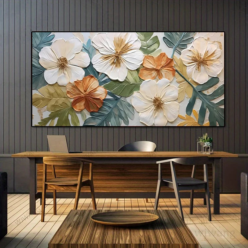 Large Modern Abstract Floral Canvas Wall Art - Frameless Flower Print White, Orange Green for Living Room, Aesthetic Room Decor Peaceful Pleasures Health and Wellness