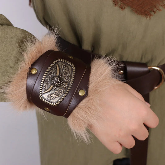 Medieval Knight Bracers Faux Leather Wristwear Furry Trim Retro Peaceful Pleasures Health and Wellness