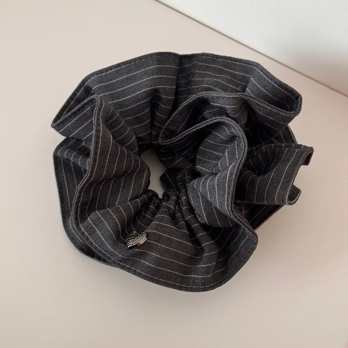 New Korean Stripe Polka Dot Metal Heart Hair Tie Elegant High Grade Square Scarf Large Hair Scrunchie Ponytail Holder Accessory Peaceful Pleasures Health and Wellness grey double-layer