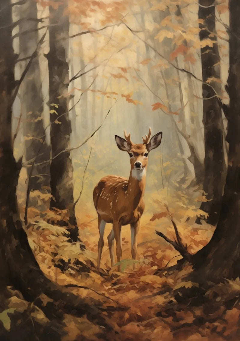 Autumn Birch Tree & Deer Canvas Wall Art | Fall Nature Print