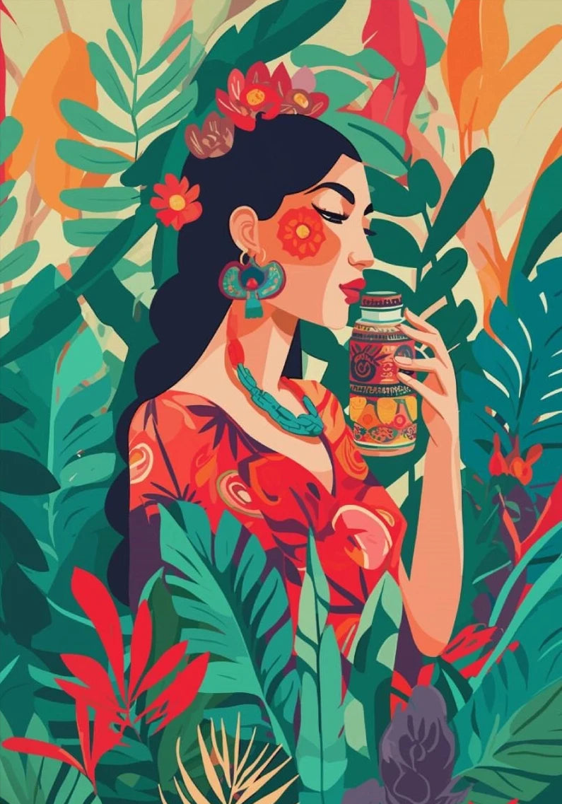 Latina Woman Floral Canvas Wall Art | Ethnic Maximalist Print