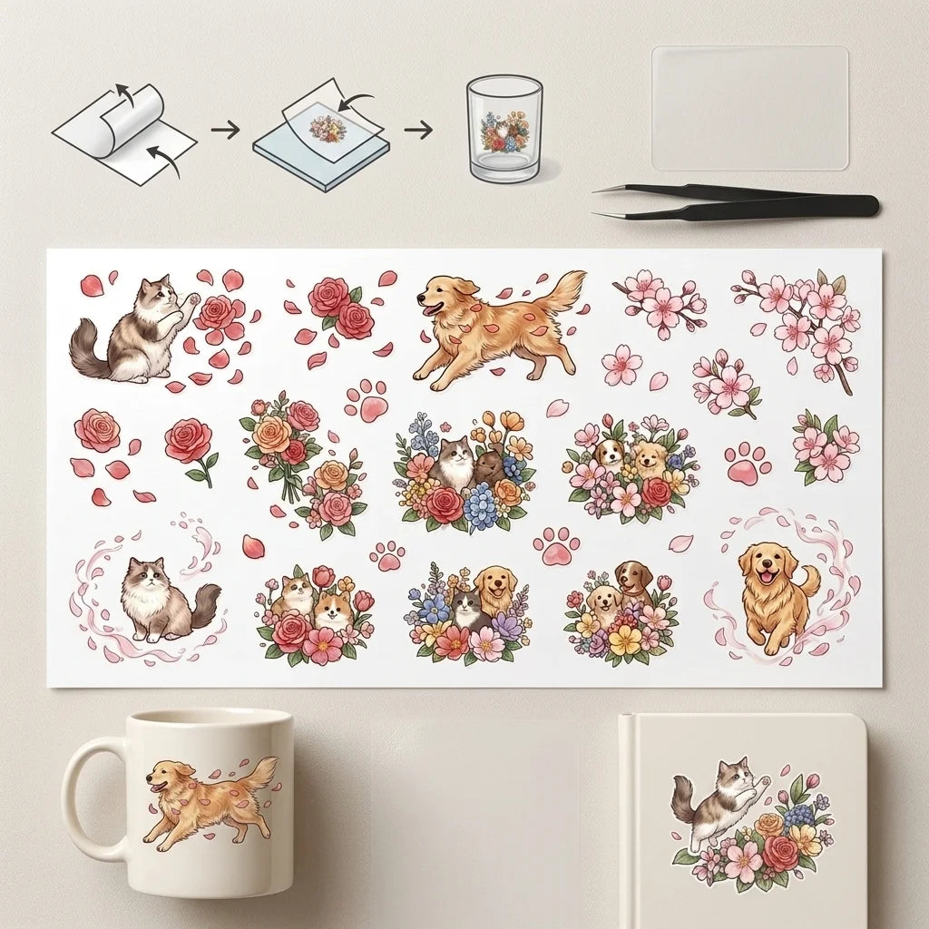 Cute Cat & Dog Floral UV Transfer Rub-On Stickers | DIY Decals