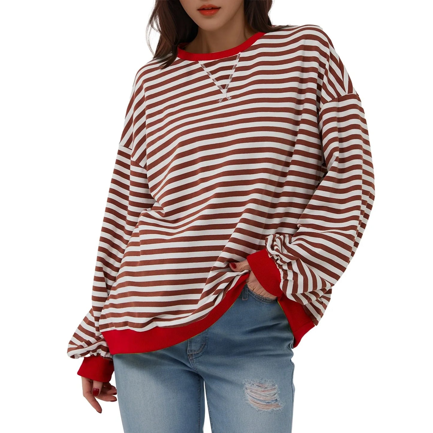 Women's Oversized Striped Long Sleeve T-Shirt | Korean Style
