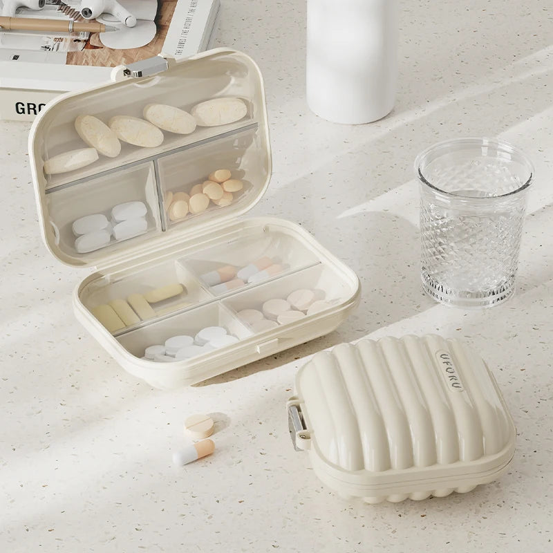 Portable Mini Pill Box, Outdoor Travel Pocket-sized Compartmentalized Pill Storage Box with Sealed Moisture-proof Design Peaceful Pleasures Health and Wellness Cream white L
