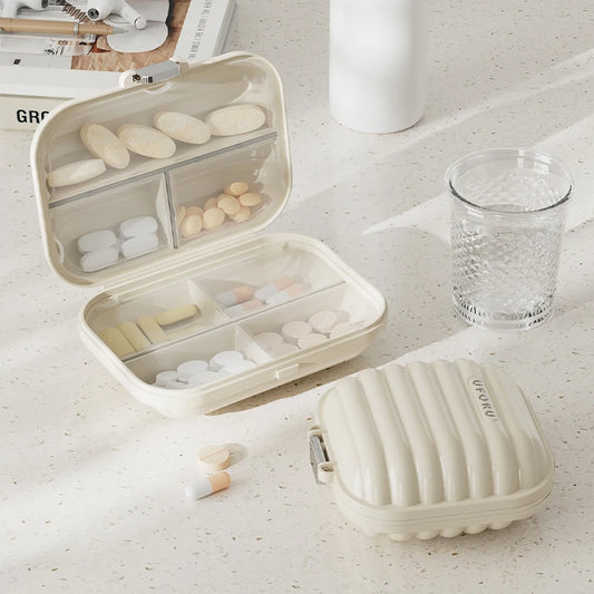 Portable Mini Pill Box, Outdoor Travel Pocket-sized Compartmentalized Pill Storage Box with Sealed Moisture-proof Design Peaceful Pleasures Health and Wellness Cream white L
