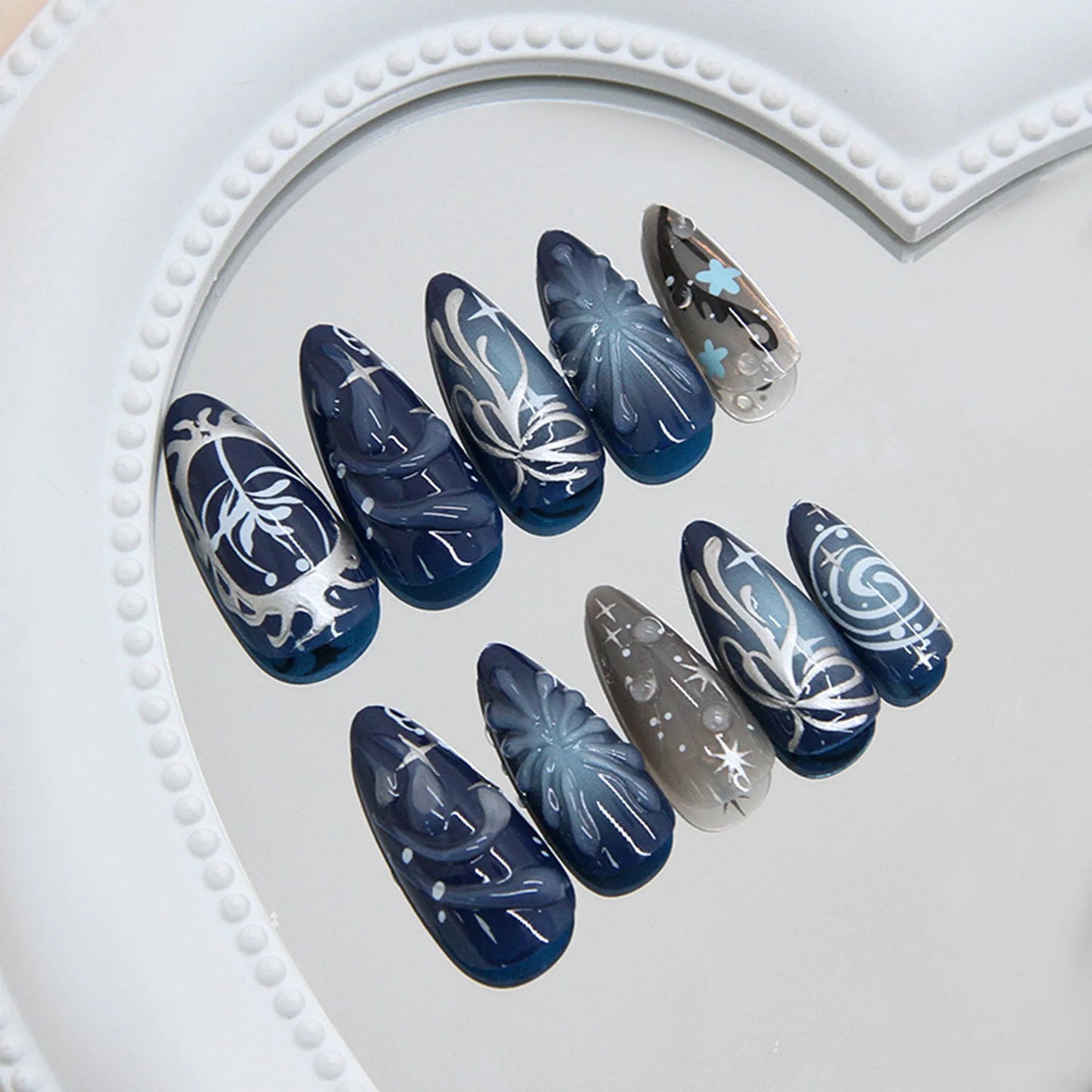 24pc Blue Black Glitter Press On Nails | 3D Y2K Almond Design