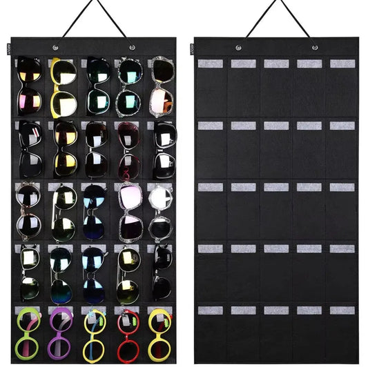 Sunglasses Storage Hanging Bag - 15 or 25 Felt Slot Sunglasses Organiser Eyeglasses Display with Sturdy Cord Peaceful Pleasures Health and Wellness black 1pcs