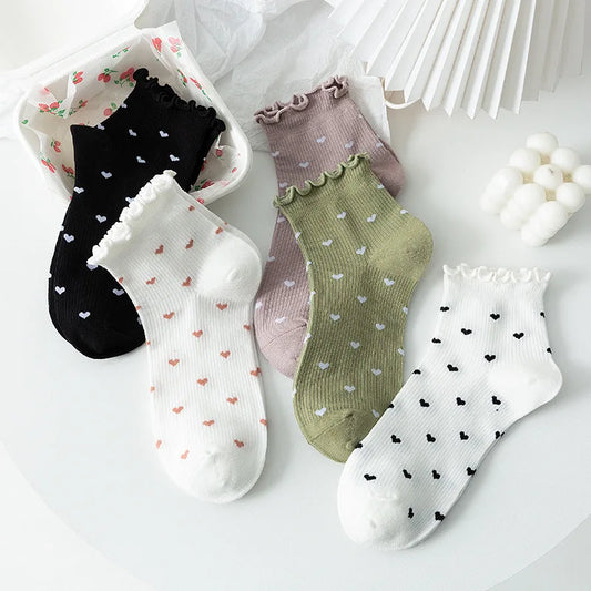 Women's Heart Ruffle Ankle Socks | Korean Fashion Low Cut Ruffle Ankle Socks Peaceful Pleasures Health and Wellness 5 pair One Size