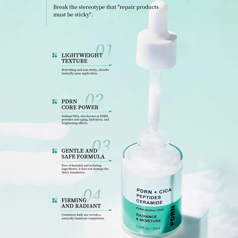 PDRN Cica Centella Serum 30ml Hydrating Repairing Face Essence Boosts Radiance Deeply Moisture Nourish Strengthens Skin Barrier Peaceful Pleasures Health and Wellness