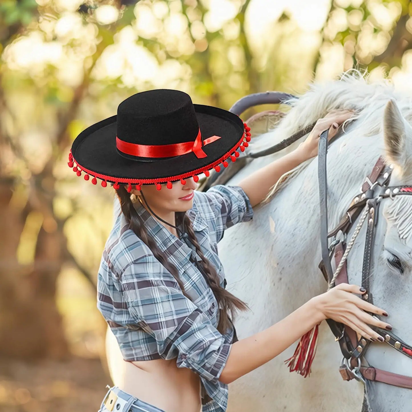 Mexican Sombrero Hat – Wide Brim Costume with Pom-Poms