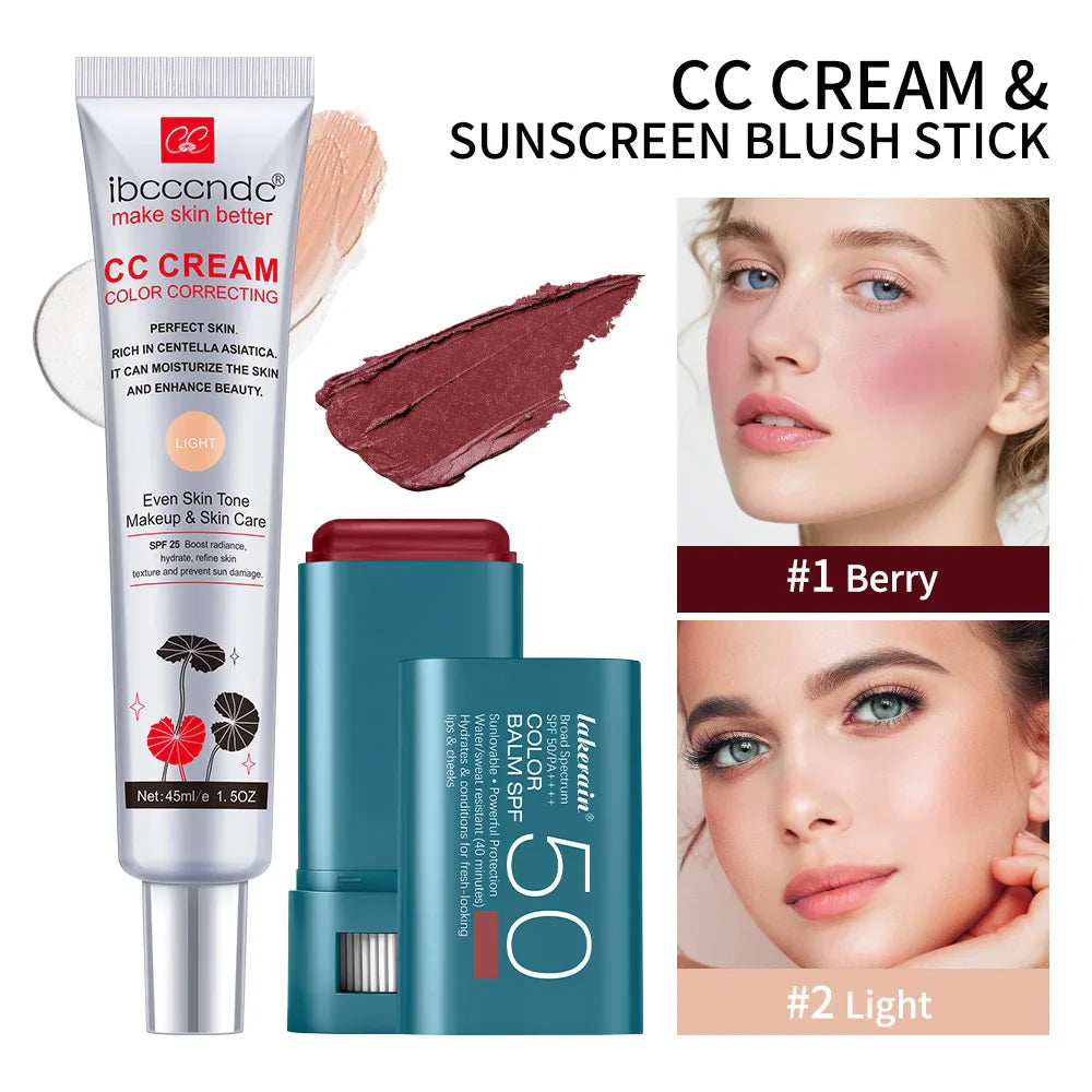CC Cream & SPF 50 Blush Stick Set – Waterproof Korean Makeup
