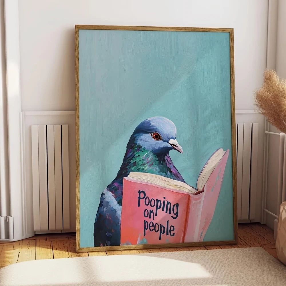 Modern Pigeon Reading Pooping On People Book Wall Art Print Canvas Painting Poster Picture For Living Room,Bedroom Home Decor Peaceful Pleasures Health and Wellness G4768 30x40cm Metal Framed