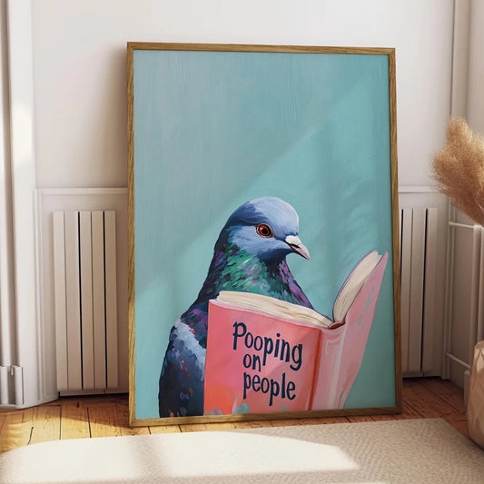 Modern Pigeon Reading Pooping On People Book Wall Art Print Canvas Painting Poster Picture For Living Room,Bedroom Home Decor Peaceful Pleasures Health and Wellness G4768 30x40cm Metal Framed