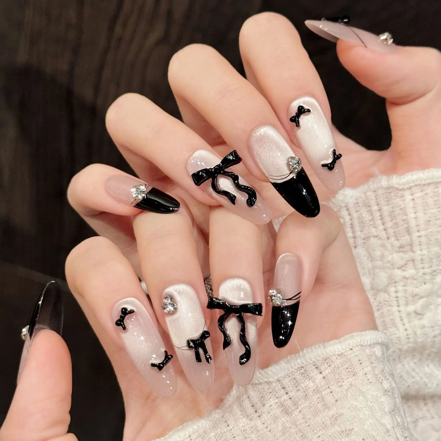 10pcs Handmade Almond French Press on Nails 3D Bow Decor Cat's Eye Fake Nail Tips Wearable Fashion Shiny Gentle False Nails Long Peaceful Pleasures Health and Wellness M