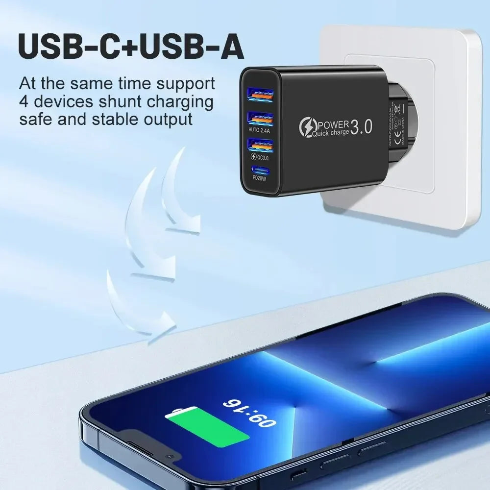 48W 4-Port USB Wall Charger – USB-C & USB-A for iPhone & Android