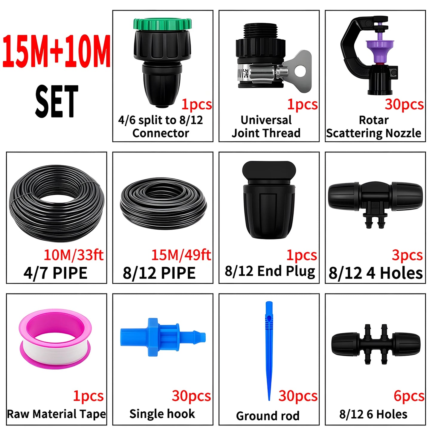 25m-8m Micro Drip Irrigation Kit Thread - Automatic Watering System with 4/6 Split to 8/12 Connector Rotary Scattering Nozzle Peaceful Pleasures Health and Wellness 15M 10M SET