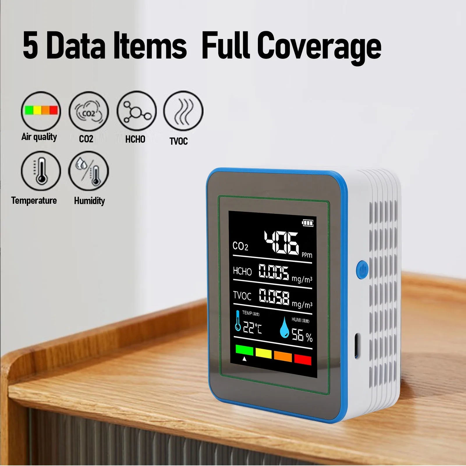Air Quality Detector 5 in 1 LCD Color Screen Long Battery Life CO2 TVOC HCHO Meter Fast Data Refresh Rechargeable for Office Peaceful Pleasures Health and Wellness