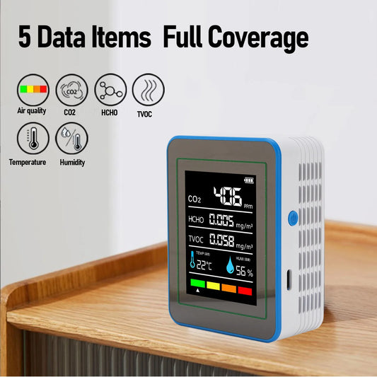 Air Quality Detector 5 in 1 LCD Color Screen Long Battery Life CO2 TVOC HCHO Meter Fast Data Refresh Rechargeable for Office Peaceful Pleasures Health and Wellness