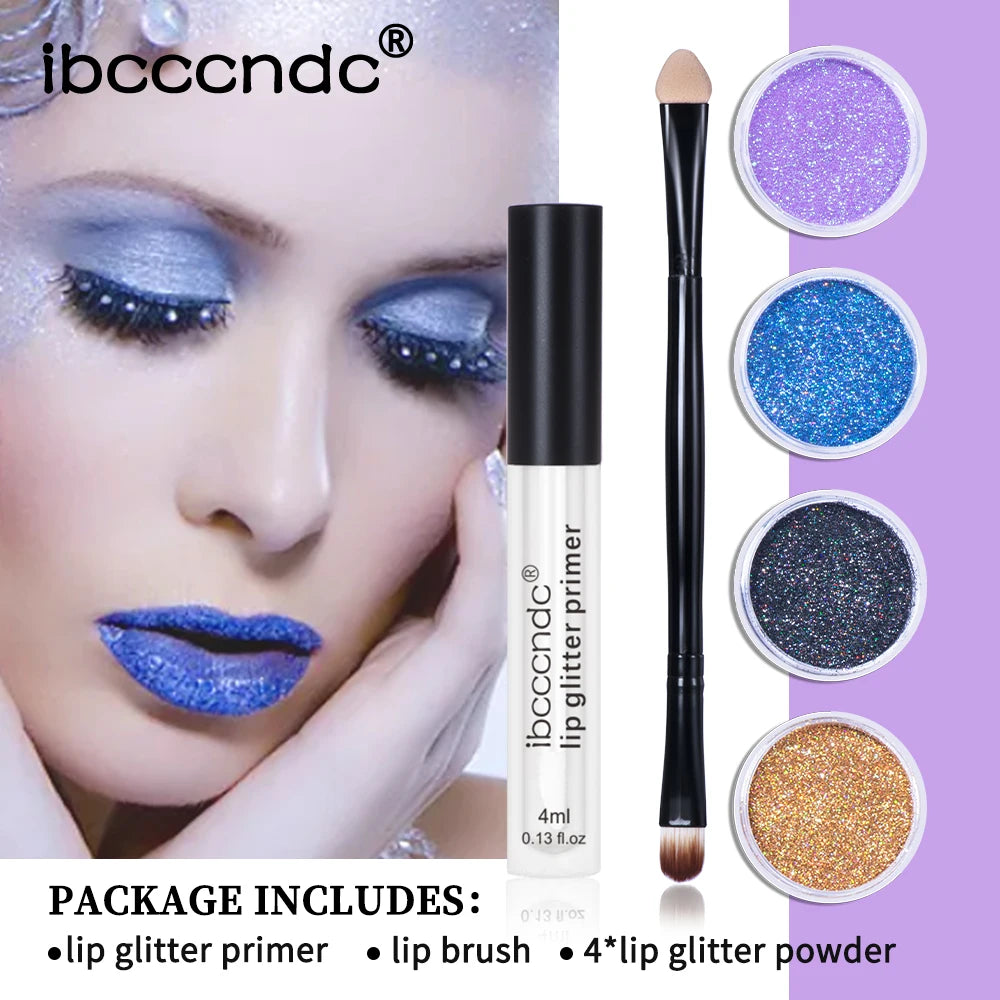 4Color Glitter Lip Gloss Set, Diamond Metallic High Pigment Powder for Lip Makeup, Glitter Lip Makeup, with Lip Primer and Brush Peaceful Pleasures Health and Wellness