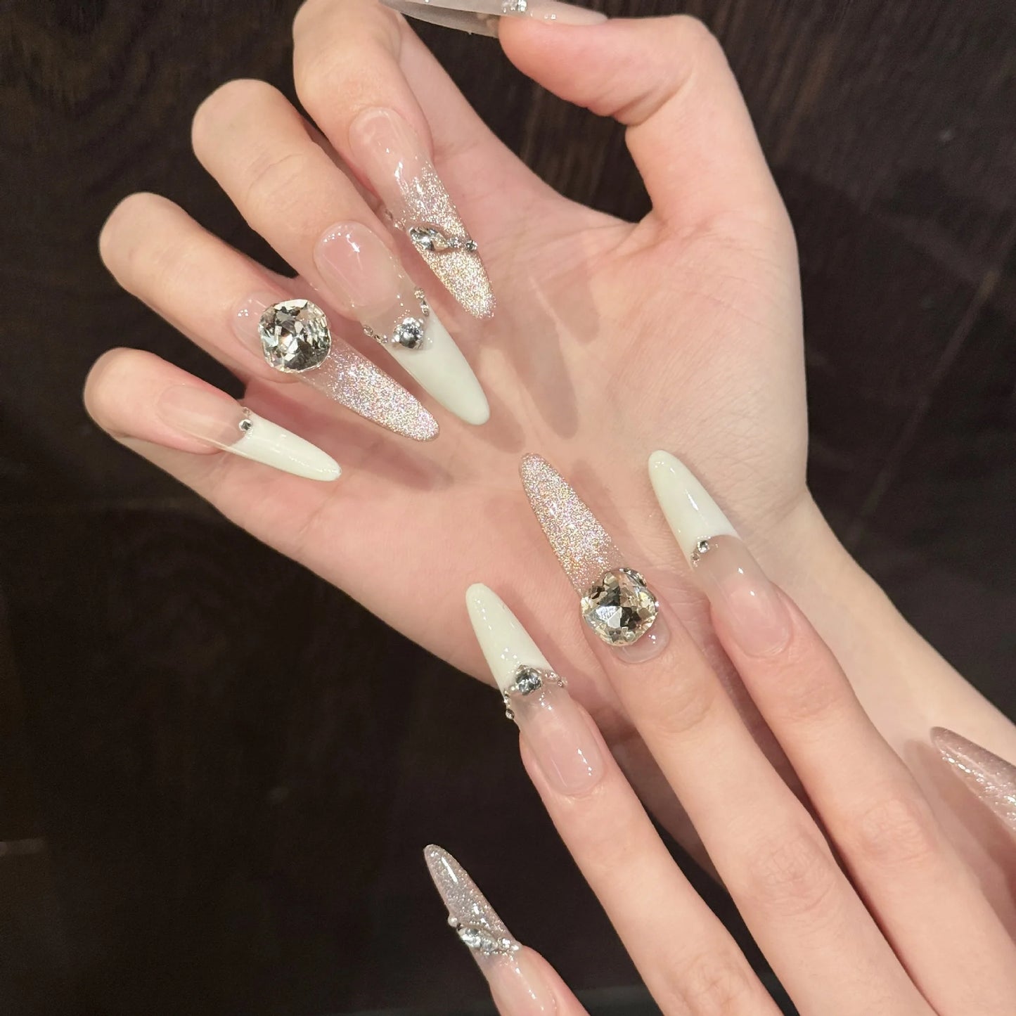 10pcs Handmade Long Oval Press on Nails Shiny Powder Rhinestone Design False Nails Wearable Full Cover French False Nail Tips Peaceful Pleasures Health and Wellness
