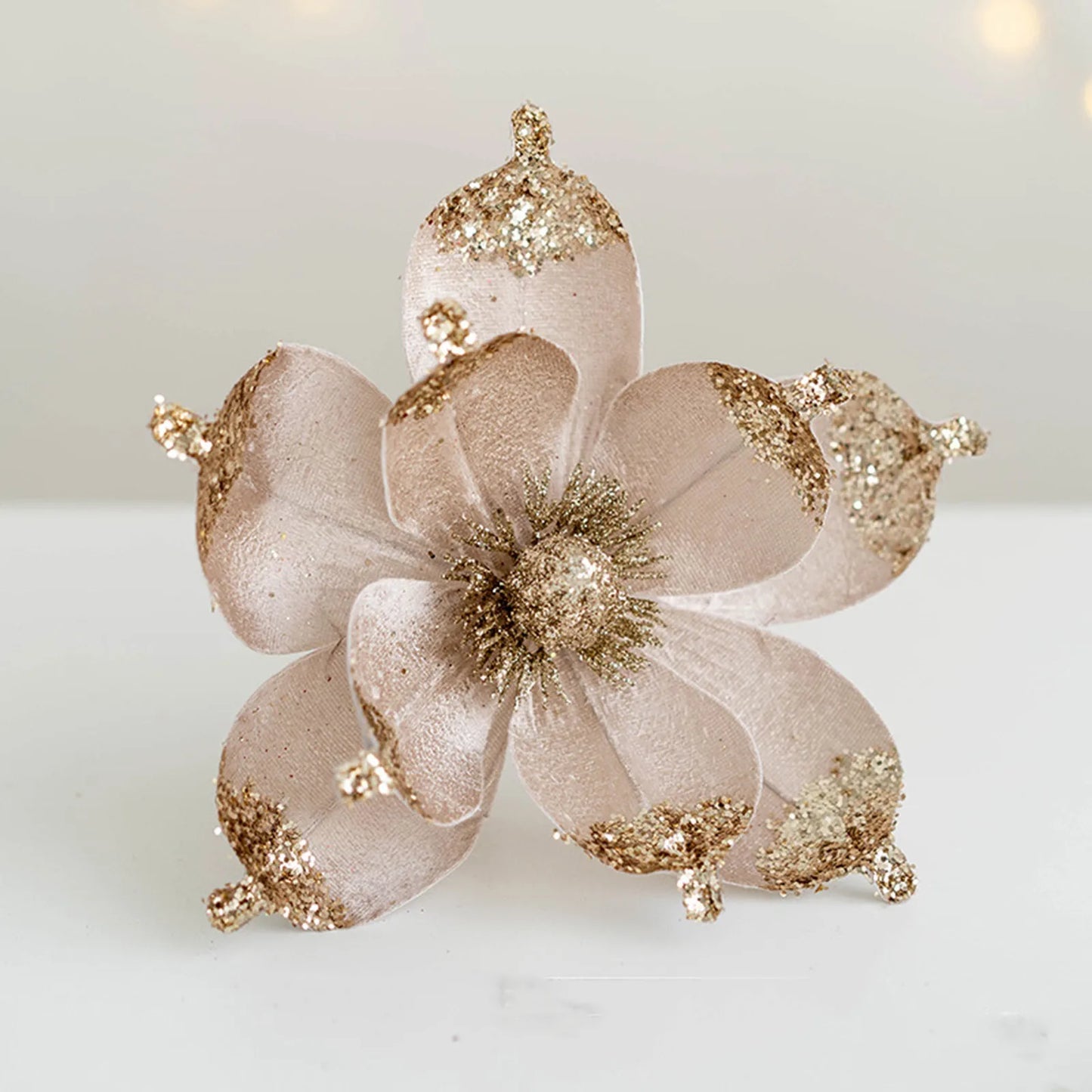 20cm Glitter Magnolia Christmas Flower Pick – Pink Sequin