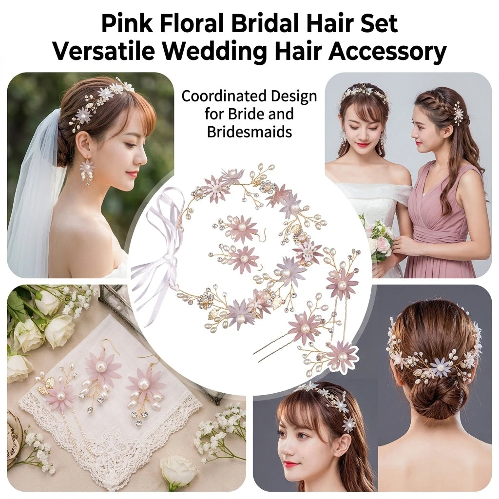 Bridal Hair Accessories Set Pink Flower Headband And Hairpin For Wedding Dress Peaceful Pleasures Health and Wellness