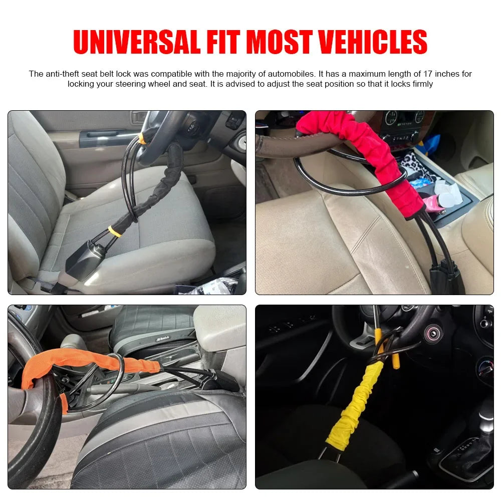 Car Steering Wheel Lock With Seat Belt Socket Steel Rope For Truck SUV Van RV With 3 Keys Universal Anti Theft Protection Device Peaceful Pleasures Health and Wellness