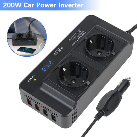 200W Peak Car Power Inverter DC 12V to 220V AC Cigarette Lighter With 4 USB Ports EU Socket Auto Power Accessories Peaceful Pleasures Health and Wellness