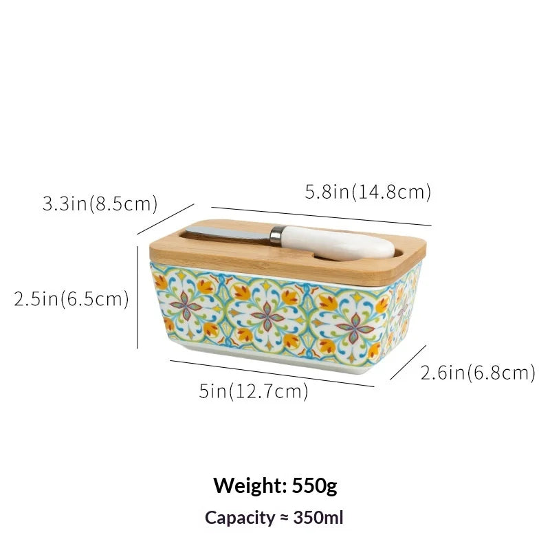 350ML 1set of Country-style Ceramic Butter Box, Retro Home Kitchen Cheese Butter Refrigerated Box, Butter Dish, Gift Storage Box Peaceful Pleasures Health and Wellness Flower A