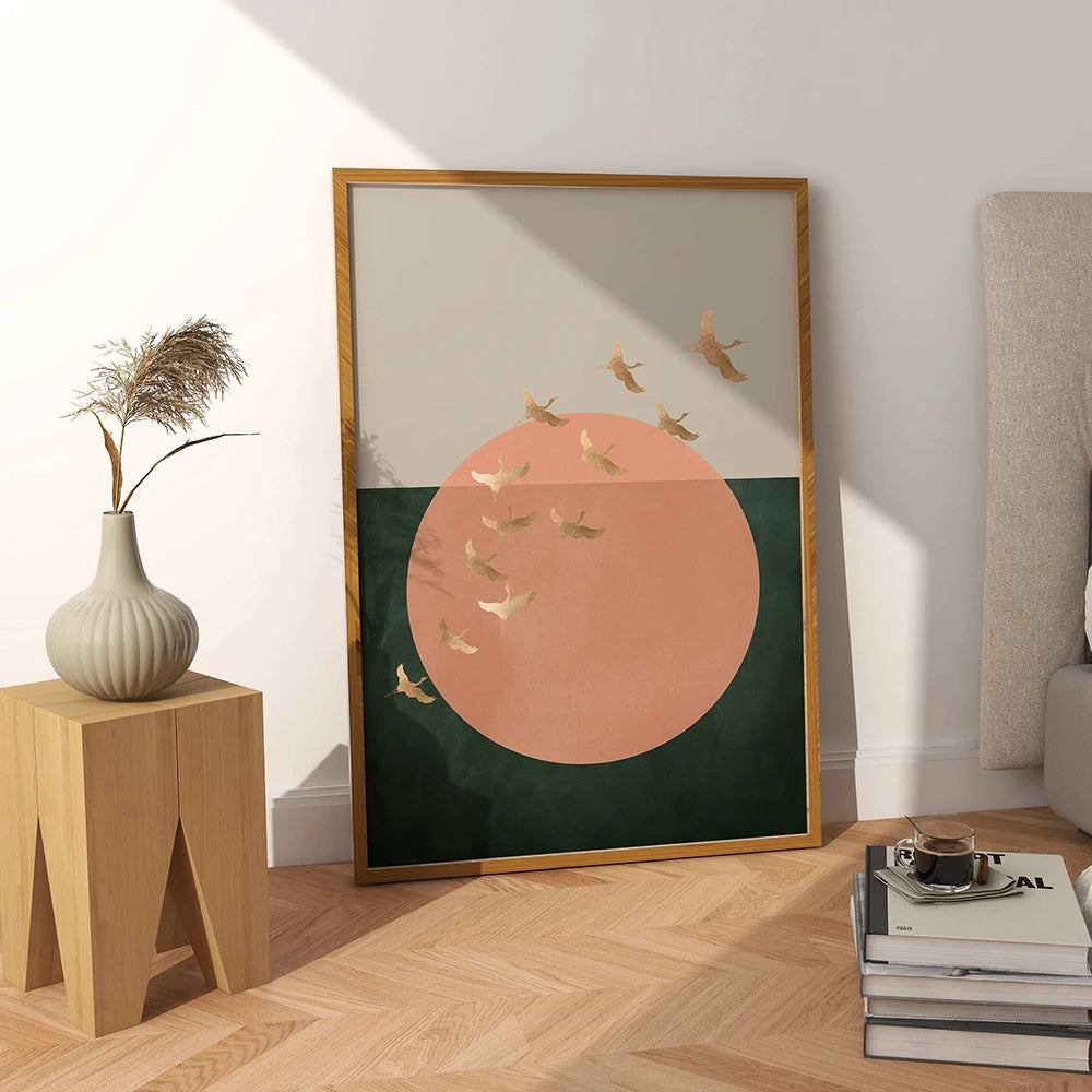 Sage Green Gold Japandi Art Print Flying Birds Wall Art Abstract Sun Art Living Room Decor Japanese Wall Art Bedroom Decor Gift Peaceful Pleasures Health and Wellness CJ54292 20x30cm