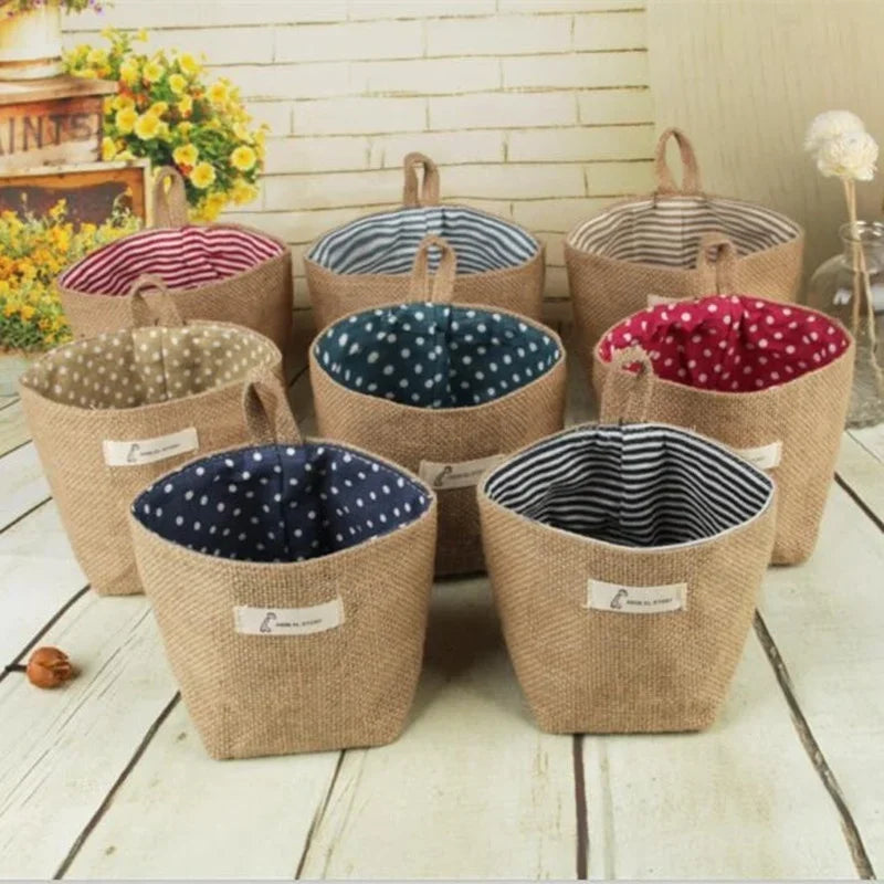 Desktop Jute Storage Bag Cotton Linen Basket Sundries Box Handle