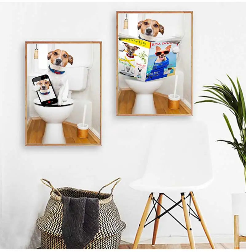 Funny Animal Dog Read Newspaper Oil Painting on Canvas Wall Art Poster Prints Wall Art Picture for Bathroom Toilet Decoration Peaceful Pleasures Health and Wellness