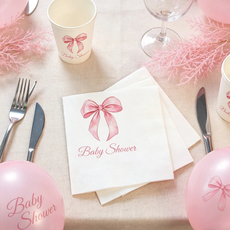 Pink Bow Baby Shower Napkins – 20pcs Disposable Paper Cocktail