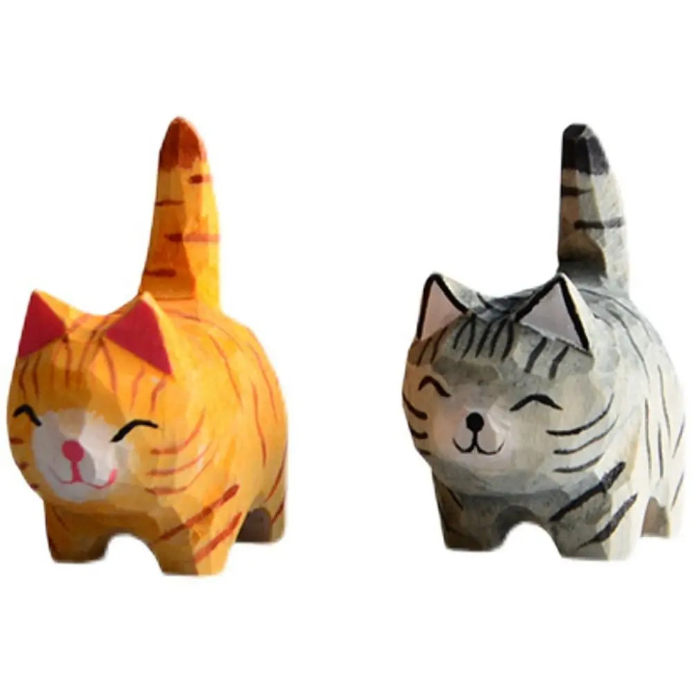 Handmade Wood Carved Cat Figurine | Gray & Orange Kitten Decor