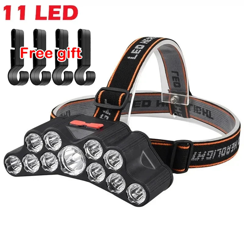 11 LED USB Rechargeable Headlamp | Built-in 18650 Battery