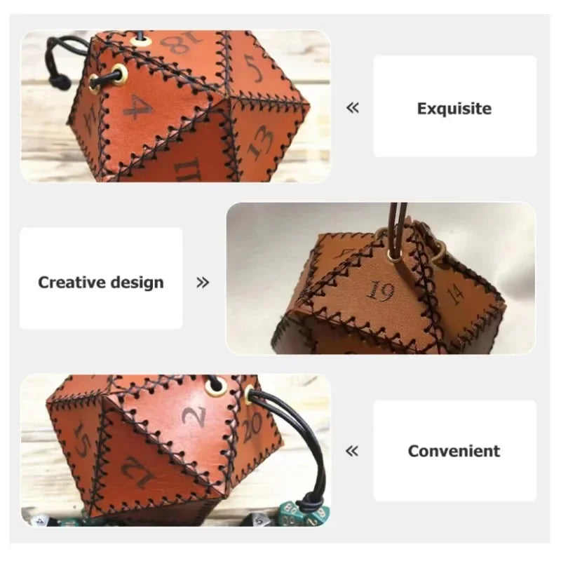 AD30 PU Leather Portable Drawstring Dice Bag D20 Polyhedral Dice Pouch for DND Dice Games Brown Peaceful Pleasures Health and Wellness