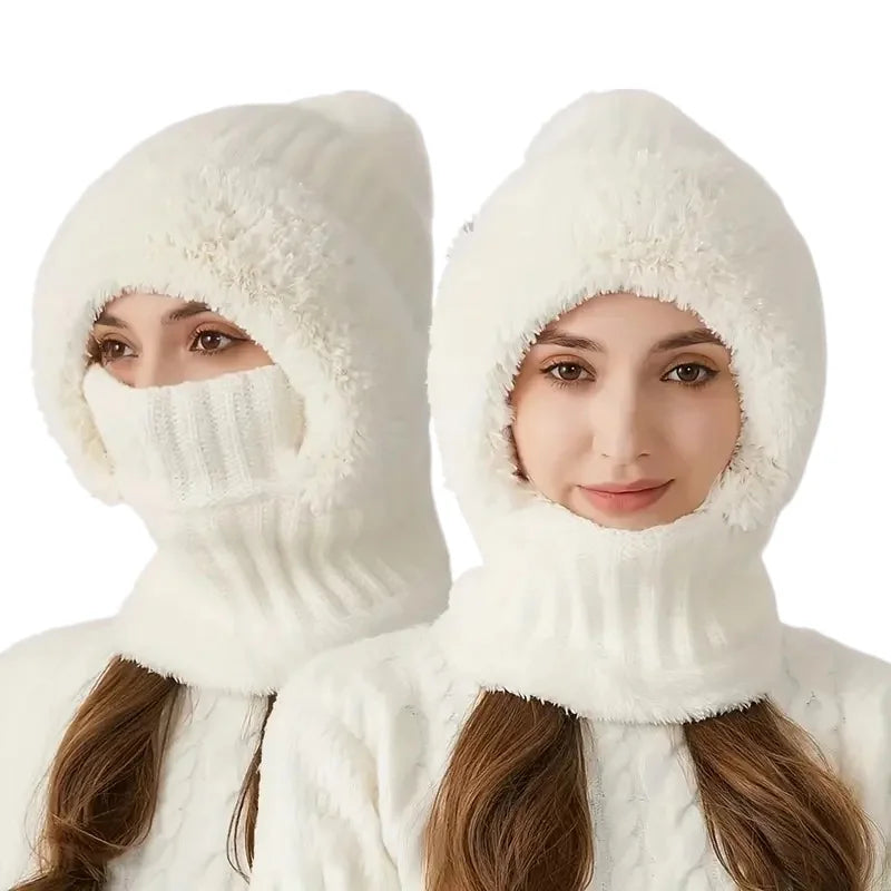 Thermal Fleece Knit Beanie with Ear Covers All-in-One Windproof Hood Neck Warmer Specifically for Bicycle Riders Peaceful Pleasures Health and Wellness white 1pc One Size