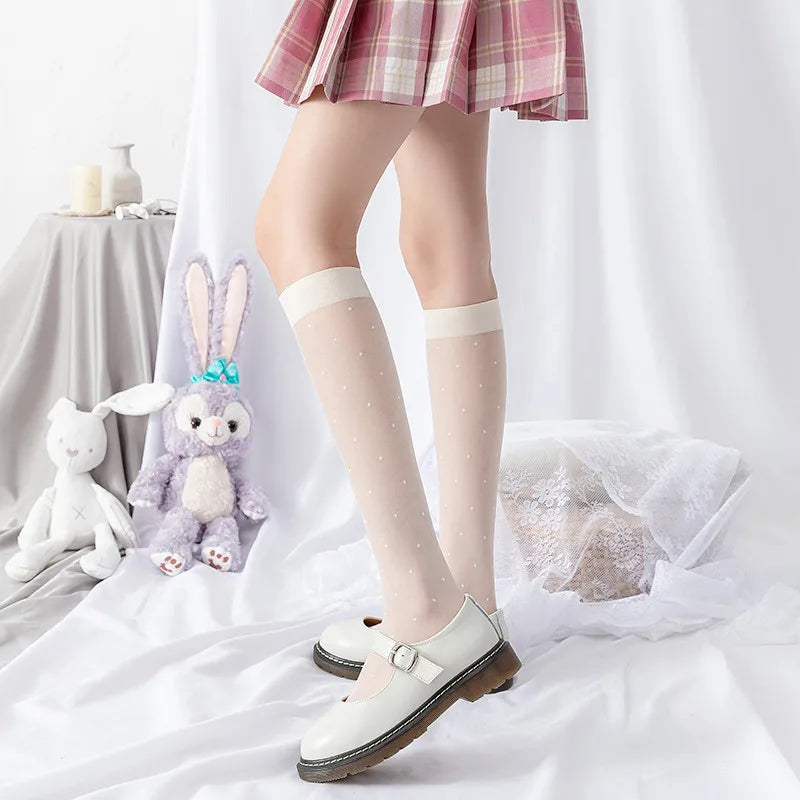 Japanese Style Ultra-thin Nylon Long Socks Polka Dot Sexy Mesh Fishnet Stockings High Elastic Transparent Summer Over Knee Socks Peaceful Pleasures Health and Wellness