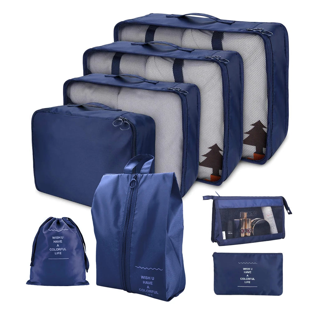 8Pcs/Set Travel Organizer Storage Bags Suitcase Packing Cubes Set Cases Portable Luggage Clothes Shoe Tidy Pouch Folding Bags Peaceful Pleasures Health and Wellness 8Pcs Navy