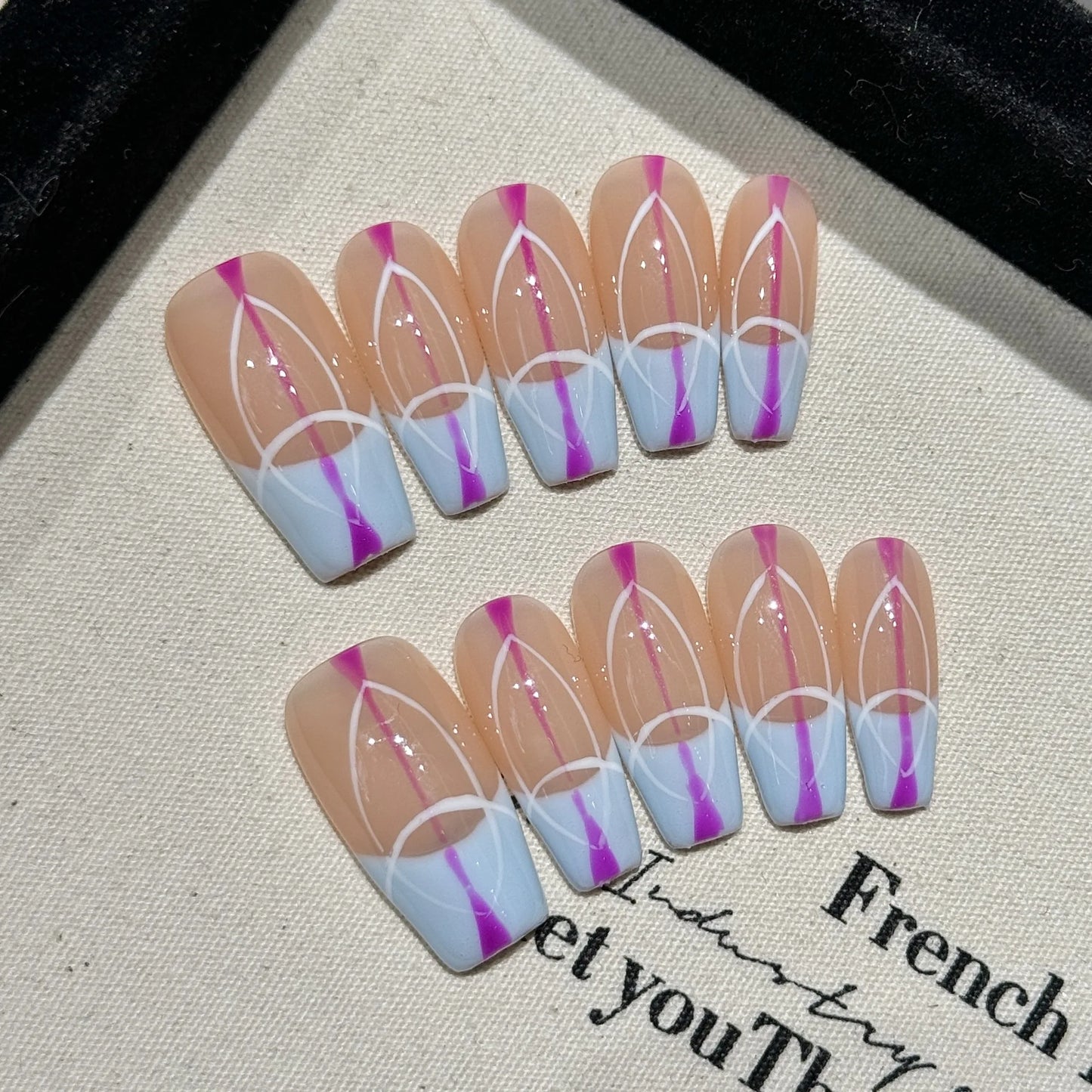 Geometric Press-On Nails | Long Coffin Ballet French Tips