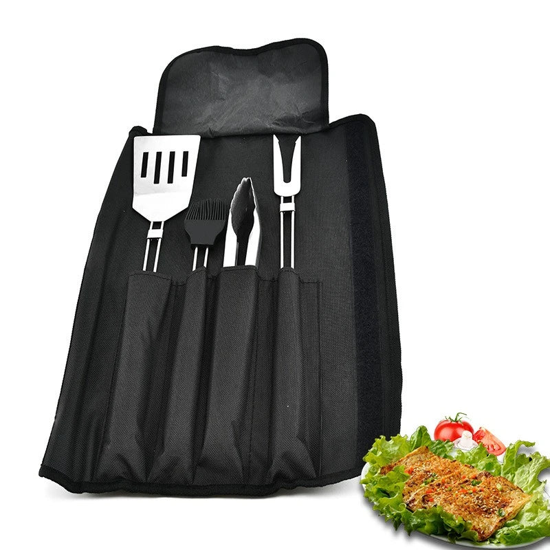 4-Piece Stainless Steel BBQ Tool Set with Oxford Carry Bag | Outdoor Grilling & Camping Accessories Kit