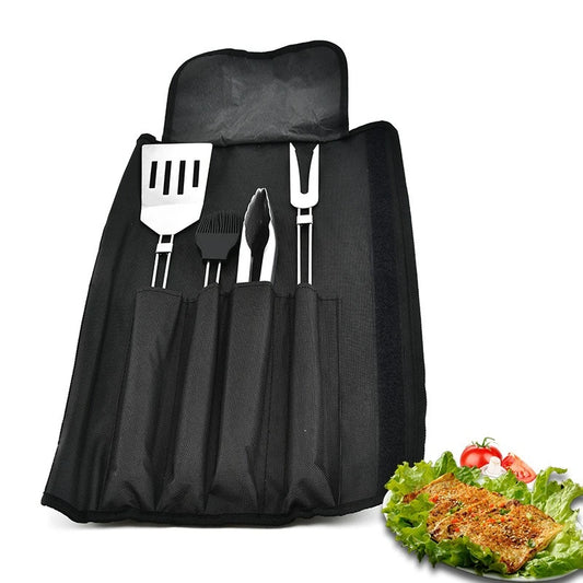 4-Piece Stainless Steel BBQ Tool Set with Oxford Carry Bag | Outdoor Grilling & Camping Accessories Kit Peaceful Pleasures Health and Wellness black