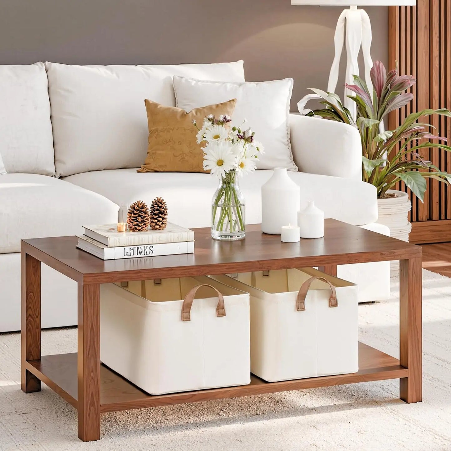 Wooden coffee table with decorative items in a living room setting
