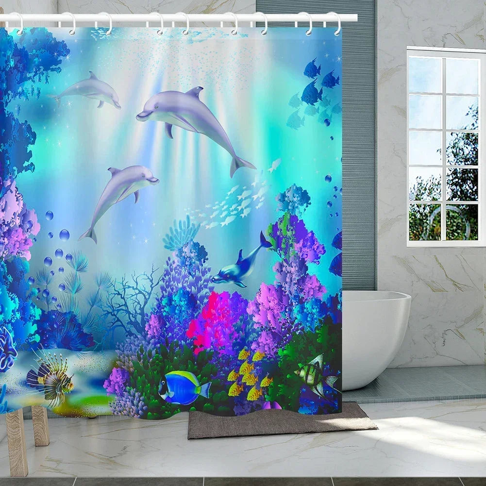 Ocean Underwater World Shower Curtains Set Dolphin Animal Cheerful Marine Life Scenery Polyester Fabric For Kids Bathroom Decor Peaceful Pleasures Health and Wellness