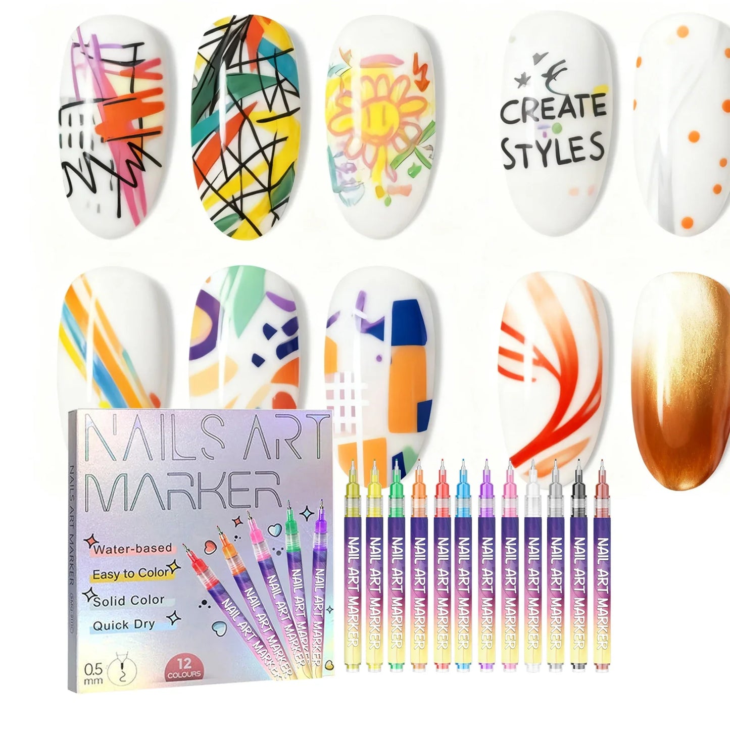 12-Piece Acrylic Nail Art Pens – 12 Color 3D Graffiti Liner Set