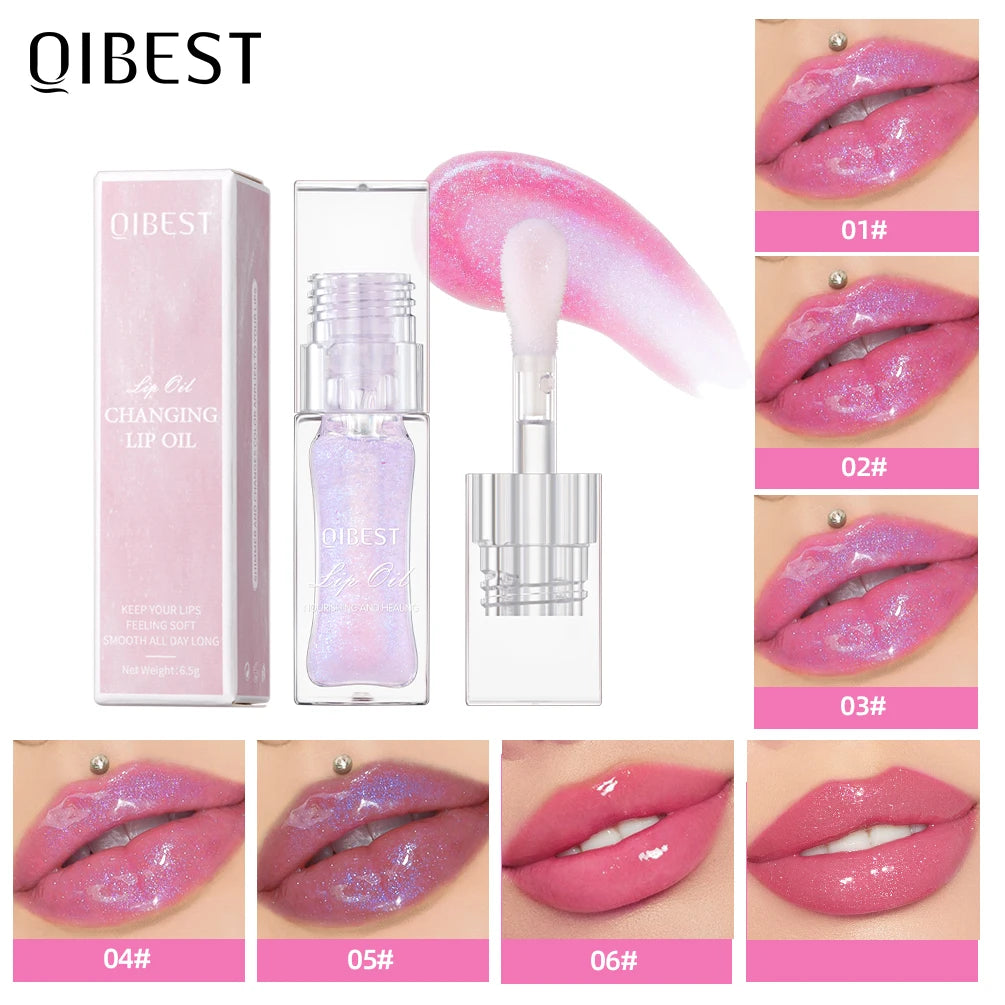 QIBEST Pearlescent Mirror Lip Glaze Temperature Color Changing Lip Oil Moisturizing Shiny Lipgloss Long-lasting Lip Tint Makeup Peaceful Pleasures Health and Wellness